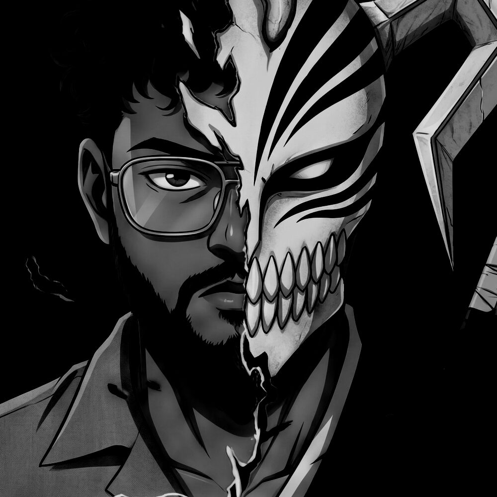 Anime-style portrait of Sayantan Sikdar: half his face human with glasses and beard, half a white Hollow mask with red stripes and a gold eye.